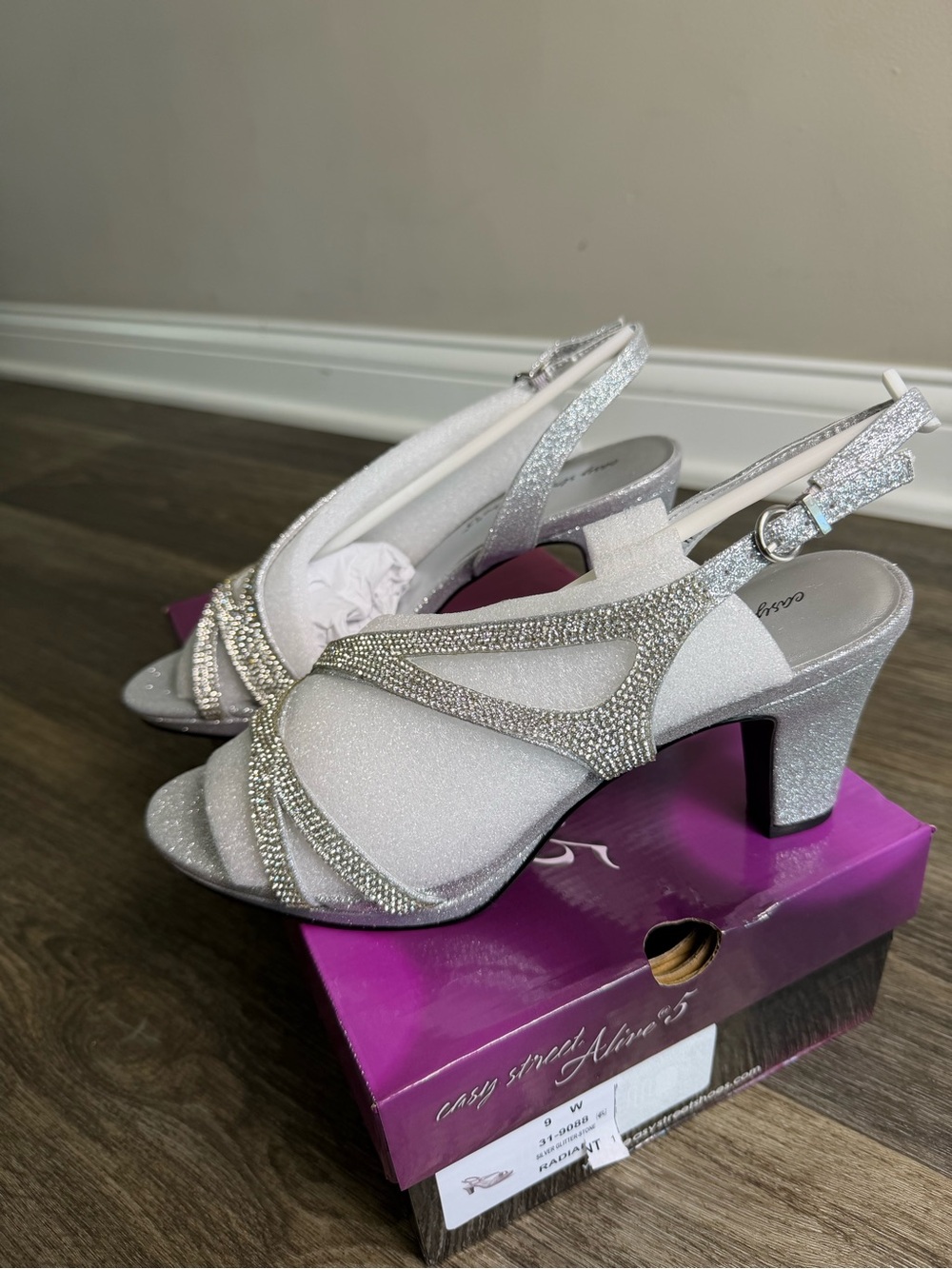 East Street Sparkle Slingback Heels with Rhinestone Straps - Silver